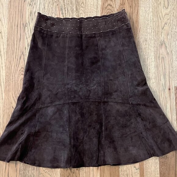 Boho Chic 100% Suede Leather Scalloped Waist Knee Length Lined Weatern Skirt - Picture 4 of 6